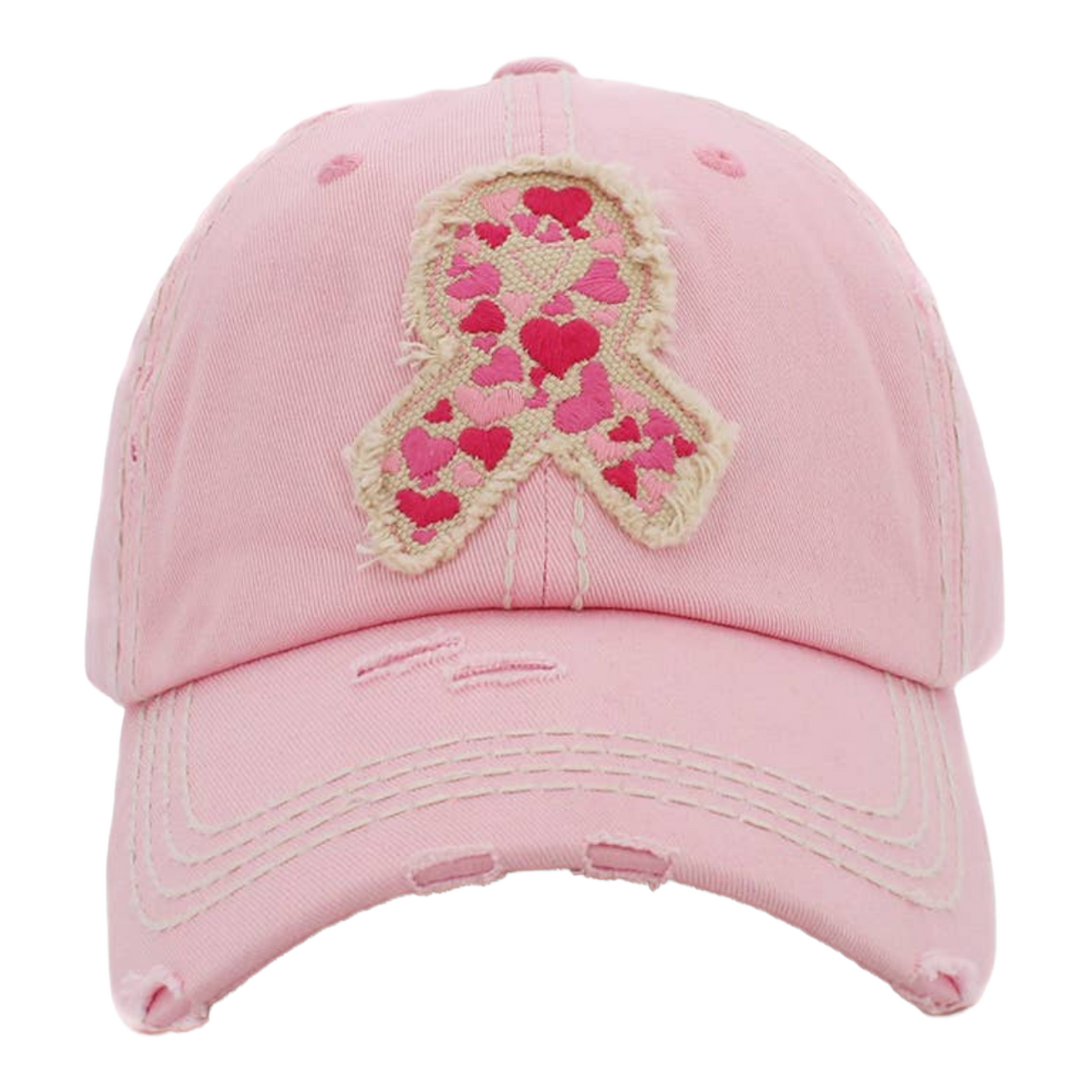 Pink Ribbon Hearts Vintage Distressed Baseball Cap