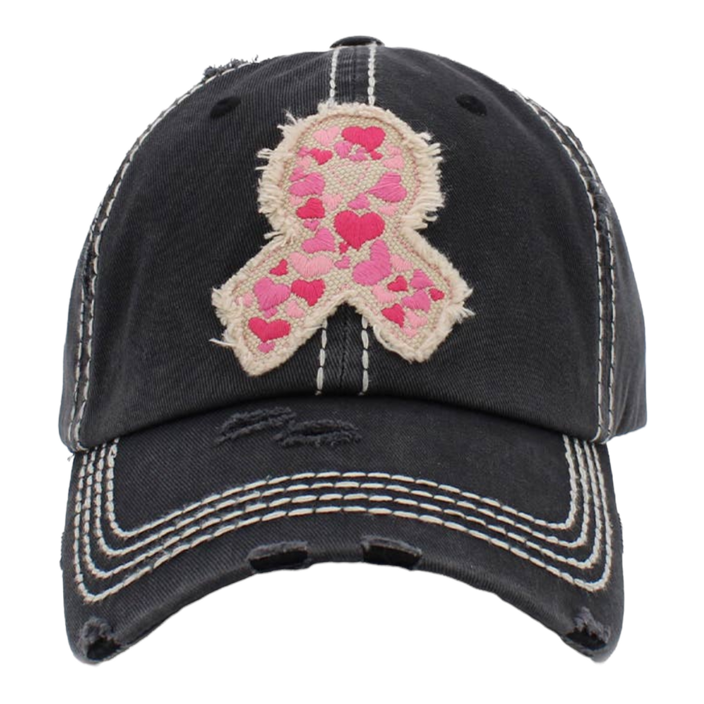 Pink Ribbon Hearts Vintage Distressed Baseball Cap
